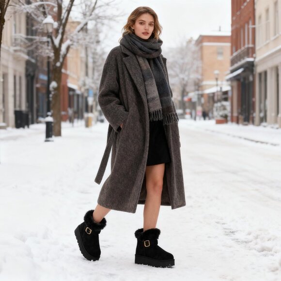 Women's Black Snow Winter Warm Hook Loop Ankle Faux Fur Lining Booties Shoes - Picture 6 of 6